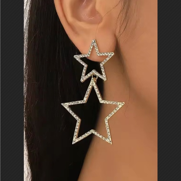 LAST 1! Rhinestone Fashion Star Hollow Drop Earrings! (Gold) - Picture 2 of 10